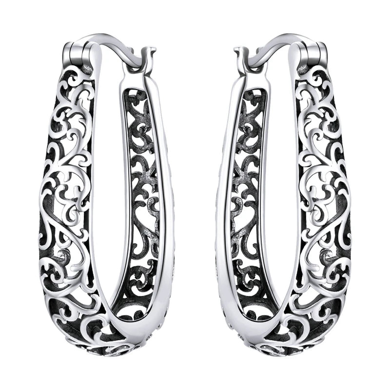 Vintage Vine Hoop Earrings 925 Sterling Silver