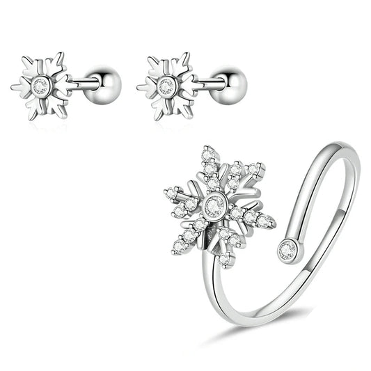 Crystal Snowflake Stud Earrings + Adjustable Ring Set