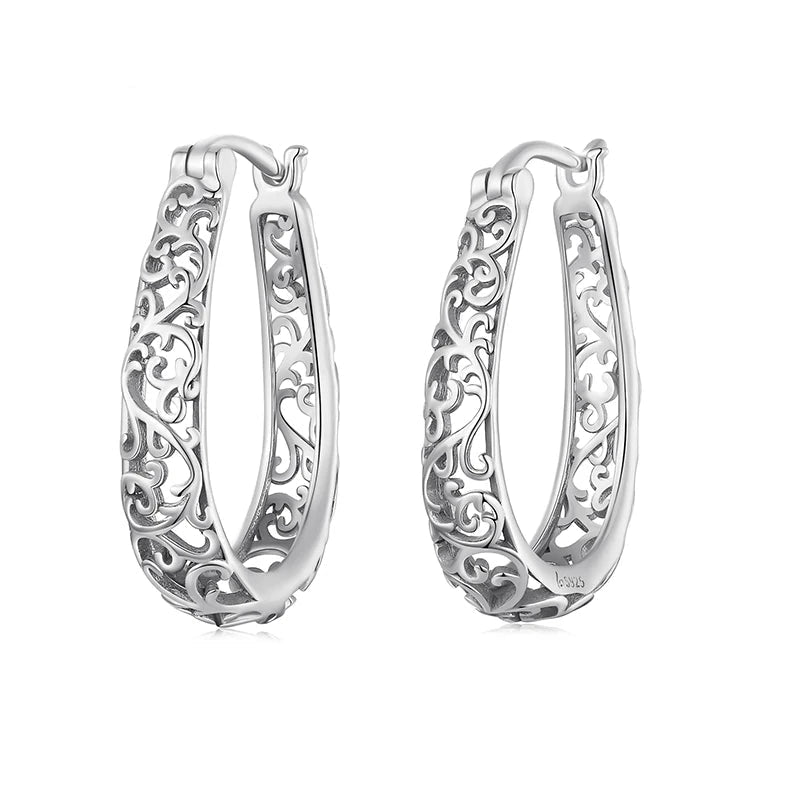 Vintage Vine Hoop Earrings 925 Sterling Silver