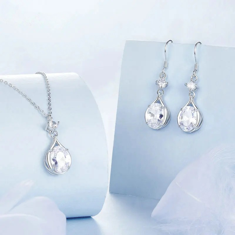 Teardrop Earrings+Necklace Cubic Zirconia Round Set